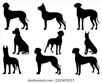 Set of Great Dane Dog Silhouette Vector Art