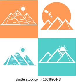 Set of Great Egyptian Pyramids Landscape illustration under sun. Landmark icon of the Great Pyramids in Giza. Outline vector illustration. Green and Orange Background