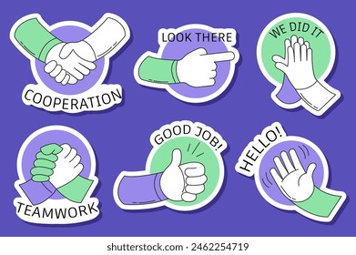 Set of Great job stickers in flat cartoon design. The stickers depicting support and motivation are shown in this illustration and designed in a modern style. Vector illustration.