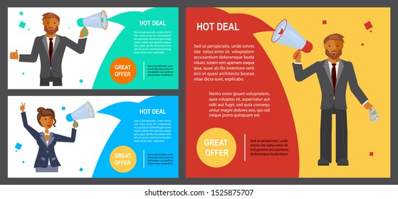 Set of Great offer voucher. Businessman and business woman makes announcement of the Hot Deal at the speaker. Flat Art Vector illustration