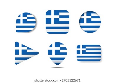 Set of Greece Flag Icons  in Various Round, Square, and Triangular Shapes