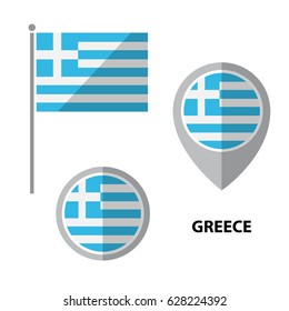 Set of Greece flag and map pointer icon. Design elements for stickers or flyers. Flat design.