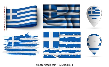set of Greece flags collection isolated on white