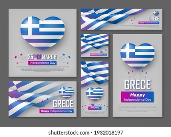 Banderas o tarjetas del Día de la Independencia de Grecia. 25 de marzo tarjeta de saludo de vacaciones, invitación, fondo festivo en los colores de la bandera griega ilustración vectorial realista