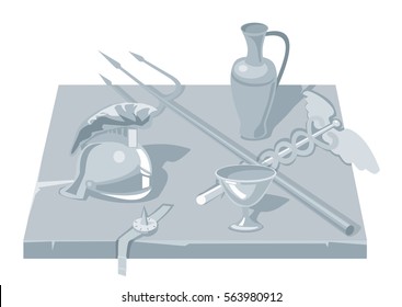 Set greece objects. Pot, Helmet, cup, trident, rod. Vector flat illustration. Isolated on white background.