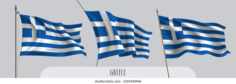 Set of Greece waving flag on isolated background vector illustration. 3 blue white Greek wavy realistic flag as a patriotic symbol 