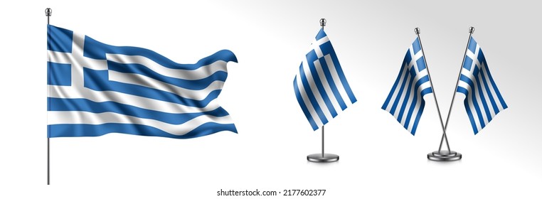 Set of Greece waving flag on isolated background vector illustration. 3 Greek wavy realistic flag as a patriotic symbol