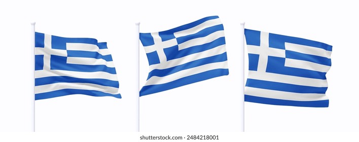 Conjunto de Grecia ondeando bandera en asta de bandera. Bandera de diseño 3d realista vuela en el viento sobre fondo blanco aislado. Ilustración vectorial