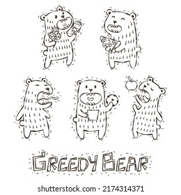 Set Of Greedy Bear Outline Cartoon Isolated On White Background. Funny Greedy Fat Bear Vector Cartoon.