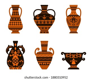 Set of Greek amphorae with ornament. Vector illustration. Flat design..