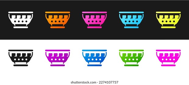 Set Greek ancient bowl icon isolated on black and white background. Antique amphora with patterns collection. Ancient Greece bowl.  Vector