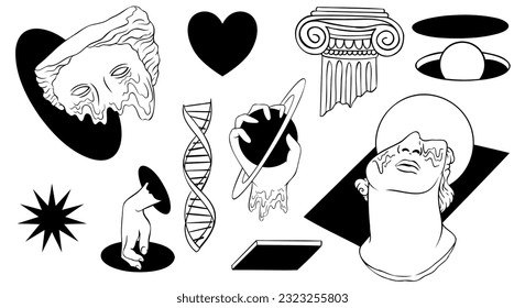 Set of Greek ancient statues surreal elements with psychedelic black white seamless pattern vector