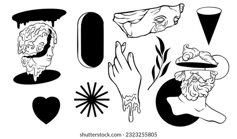 Set of Greek ancient statues surreal elements with psychedelic black white seamless pattern vector