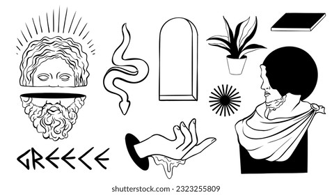 Set of Greek ancient statues surreal elements with psychedelic black white seamless pattern vector