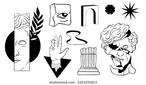 Set of Greek ancient statues surreal elements with psychedelic black white seamless pattern vector