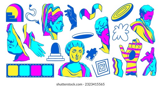  Conjunto de estatuas griegas antiguas elementos surrealistas vector con colorido estilo psicodélico Colección, Colección moderna de patrones sin fisuras, surrealismo misoso doodles clipart