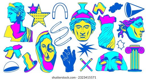  Conjunto de estatuas griegas antiguas elementos surrealistas vector con colorido estilo psicodélico Colección, Colección moderna de patrones sin fisuras, surrealismo misoso doodles clipart