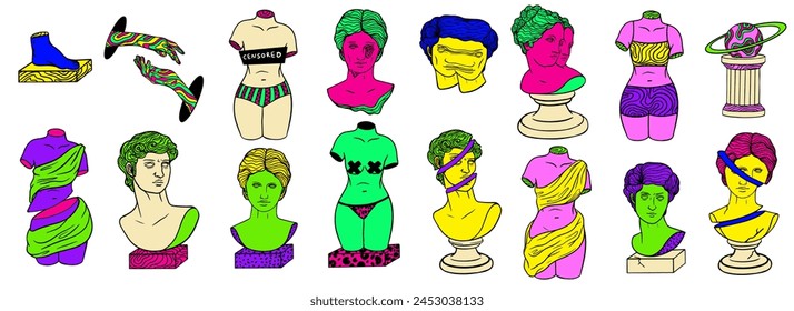 Set of greek ancient statues surreal elements. Trippy psychedelic sticker pack. Greek sculpture, surreal elements, modern statues, geometric shapes