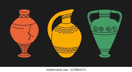 Set of Greek ancient vase. Vector hand drawn abstract illustrations of antique classic vase in trendy modern style.  Ancient greece on an isolated black background for printing