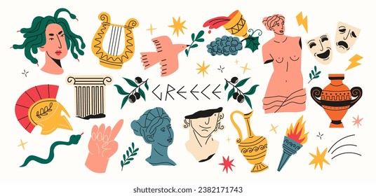 Set of Greek antique stickers in ancient groovy carton retro style. Antique statues, vases, columns, antiques. Vector illustration in modern bohemian style