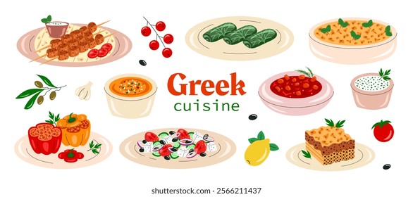 Set of greek cuisine, food, dishes. Pastitsio, moussaka, dolma, souvlaki, stifado, gemista, greek salad, tirokafteri sauce and tzatziki. Vector illustration