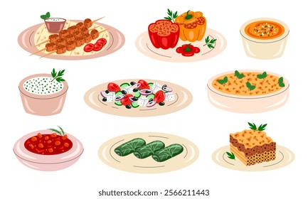 Set of greek cuisine, food, dishes. Pastitsio, moussaka, dolma, souvlaki, stifado, gemista, greek salad, tirokafteri sauce and tzatziki. Vector illustration