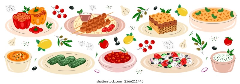 Set of greek cuisine, food, dishes. Pastitsio, moussaka, dolma, souvlaki, stifado, gemista, greek salad, tirokafteri sauce and tzatziki. Vector illustration