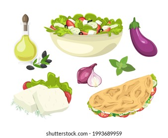 Set of Greek dishes, Greek salad with tomatoes, cucumbers, lettuce, feta cheese, olives, onions, olive oil, basil, eggplant, tortilla with vegetables, pita with greens, parsley, healthy snack