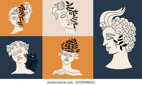 Set of Greek figures with leaves. Classic statues elements. Vector illustration