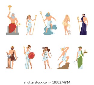 conjunto de dioses y diosas griegas. Dioses olímpicos de la antigua Grecia Zeus Hera, Ares, Afrodita, Poseidón. mitología. cortojo plano de ilustración vectorial aislada