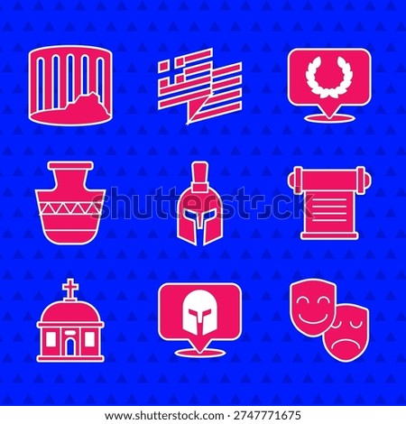 Set Greek helmet, Comedy and tragedy masks, Decree, parchment, scroll, Santorini building, Ancient amphorae, Laurel wreath and column icon. Vector
