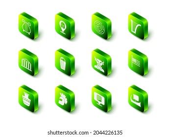 Set Greek helmet, Minotaur labyrinth, Harp, Greece national flag, trireme, Ancient column and  icon. Vector