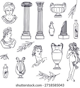 Un conjunto de ilustraciones griegas. Ramas de olivo, estatuas de yeso, columnas y jarrones en dibujo lineal