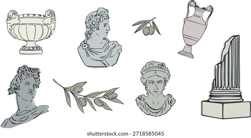 Un conjunto de ilustraciones griegas. Ramas de olivo, estatuas de yeso y jarrones en dibujo lineal