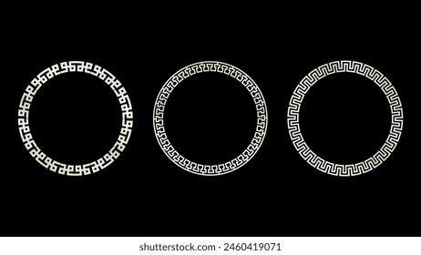 Set of greek key borders. Round silver greek key frames.  Seamless greek key pattern different frames. Set of circle meander borders.