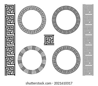 Set Greek Key circle frame and border. Greece ornament. Collection of meander geometric ornamental seamless borders. Decorative set in black color on white background.