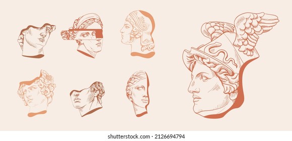 Set of greek marble statues gods and goddess in modern broken style. Portraits of classical plaster famous works of art. Sculptures of ancient faces for graphic design. Vector isolated illustration