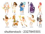 Set of Greek mythology gods and goddesses isolated on white background. Vector collection of mythological figures: Zeus, Hera, Poseidon, Hades, Aphrodite, Dionysus, Artemis, Hermes, Apollo, Athena.