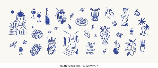 Set of greek naive hand drawn crayon doodle design elements. Mykonos, Santorini, Athens street pencil sketch drawing. Blue coastal Mediterranean background. Greek, roman, aegean ancient museum
