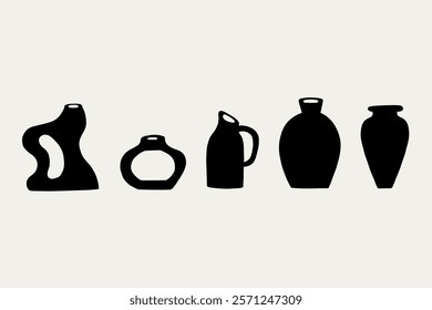 Set Greek Organic Ceramic Abstract Vases Black Silhouette. Pottery Shape Collection Decor Elements. Vector Illustration