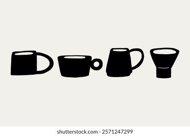 Set Greek Organic Ceramic Aesthetic Clay Mugs Black Silhouette. Pottery Shape Silhouette Collection Decor Elements. Vector Illustration