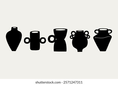 Set Greek Organic Ceramic Aesthetic Vases Black Silhouette. Pottery Shape Silhouette Collection Decor Elements. Vector Illustration