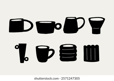 Set Greek Organic Ceramic Clay Mugs Black Silhouette. Pottery Shape Collection Silhouette Decor Elements. Vector Illustration