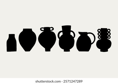 Set Greek Organic Ceramic Minimalist Vases Black Silhouette. Pottery Shape Collection Decor Elements. Vector Illustration