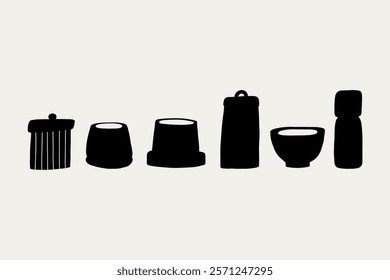 Set Greek Organic Ceramic Minimalist Pots and Jar Black Silhouette. Pottery Shape Silhouette Collection Decor Elements. Vector Illustration