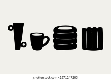 Set Greek Organic Ceramic Naive Clay Mugs Black Silhouette. Pottery Shape Silhouette Collection Decor Elements. Vector Illustration