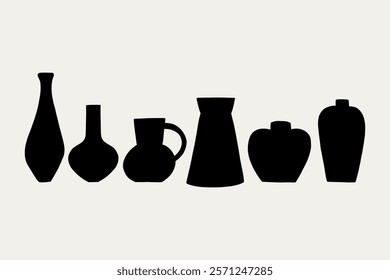 Set Greek Organic Ceramic Simple Vases Black Silhouette. Minimalist Shape Collection Decor Elements. Vector Illustration