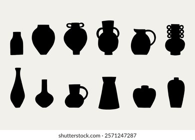 Set Greek Organic Ceramic Vases Black Silhouette. Pottery Shape Collection Decor Elements. Vector Illustration