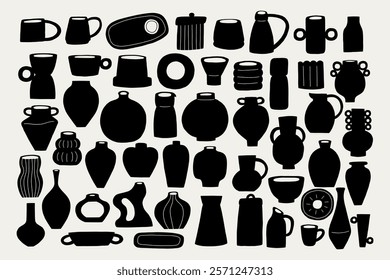 Set Greek Organic Ceramic Vases Utensil Jar Pot Black Silhouette. Pottery Shape Silhouette Collection Decor Elements. Vector Illustration