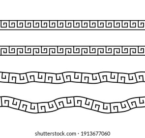 Establece el patrón griego. Frontera con Grecia. Ornamento sin costura. colección de patrones geométricos cuadrados griegos. Línea antigua. Diseñar impresiones. Estilo griego. Tecla extendida de los medios. Marco étnico griego. Vector